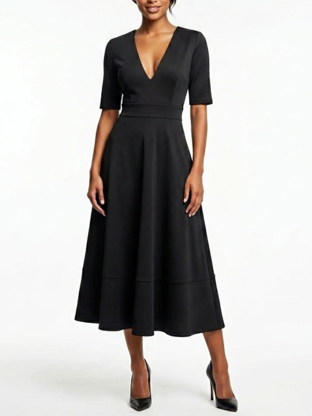 Black Scuba Midi Dress Structured Paneled V-Neck Flounce A-Line Dress Gothic M